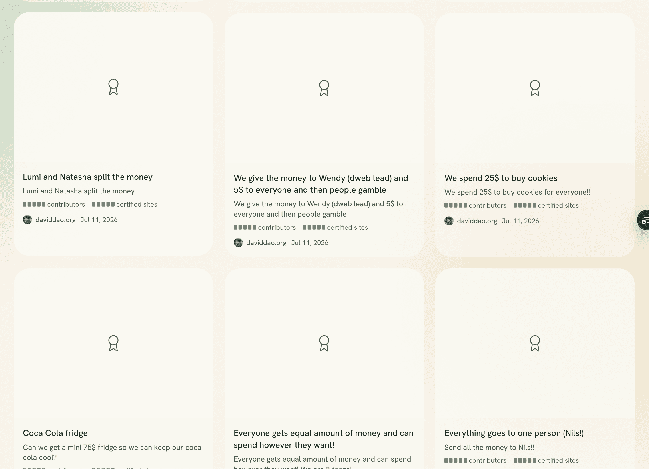 A grid of Bumicert cards, each showing a large empty area with a ribbon glyph, a title, a description, placeholder blocks where the contributor and certified-site counts belong, and a footer with the filing organisation and date.